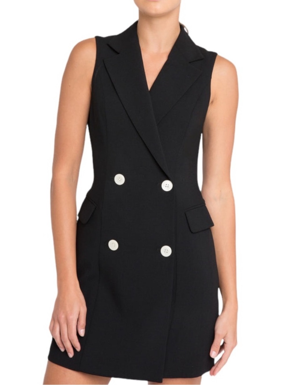 Black Halo Black Sleeveless Double-Breasted Mini Dress with White Buttons